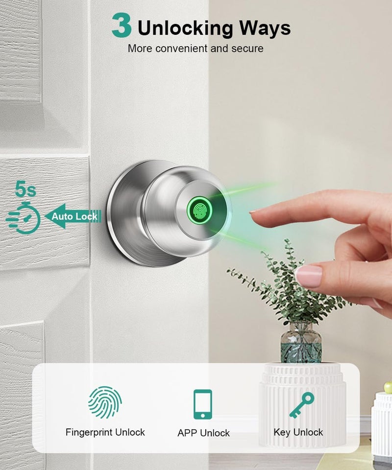 KLLOQUE Fingerprint Door Lock, Smart Fingerprint Door Knob with Lock, Biometric Door Locks with App Control & Key, Keyless Thumbprint Entry Door Locks for Bedroom, Front Door, Home, Apartment - Brushed Silver - Image 2
