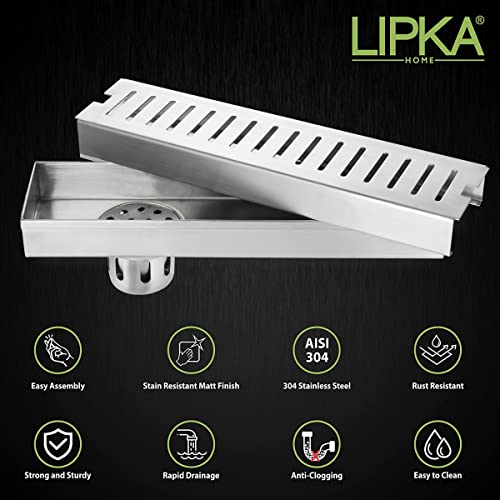 LIPKA Vertical Shower Drain Channel| 18 x 3 Inches |304 Grade Stainless Steel Shower Drain Channel for Bathrooms | Waste Water Floor Drainer with Anti-Foul Cockroach Trap Without Collar - Image 3