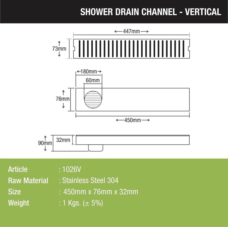 LIPKA Vertical Shower Drain Channel| 18 x 3 Inches |304 Grade Stainless Steel Shower Drain Channel for Bathrooms | Waste Water Floor Drainer with Anti-Foul Cockroach Trap Without Collar - Image 2
