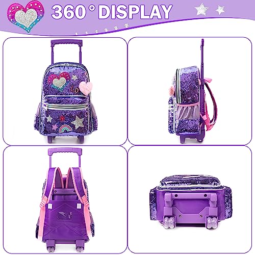 Meetbelify Rolling Backpack for Girls School Backpack with Wheels Kids Sequin Roller Luggage for Elementary Kindergarten Students with Lunch Box Pencil Case for Girls 5-12 Years Old - Image 5