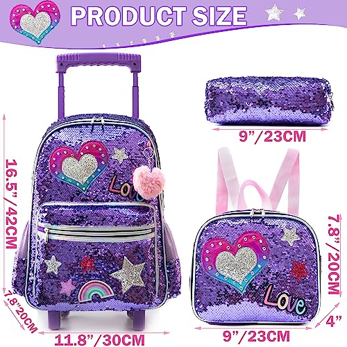 Meetbelify Rolling Backpack for Girls School Backpack with Wheels Kids Sequin Roller Luggage for Elementary Kindergarten Students with Lunch Box Pencil Case for Girls 5-12 Years Old - Image 2