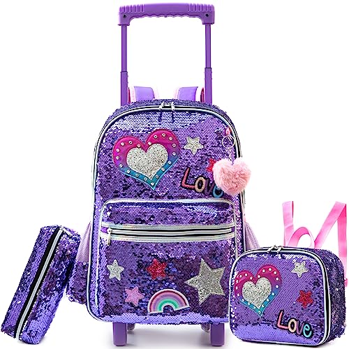 Meetbelify Rolling Backpack for Girls School Backpack with Wheels Kids Sequin Roller Luggage for Elementary Kindergarten Students with Lunch Box Pencil Case for Girls 5-12 Years Old - Image 1