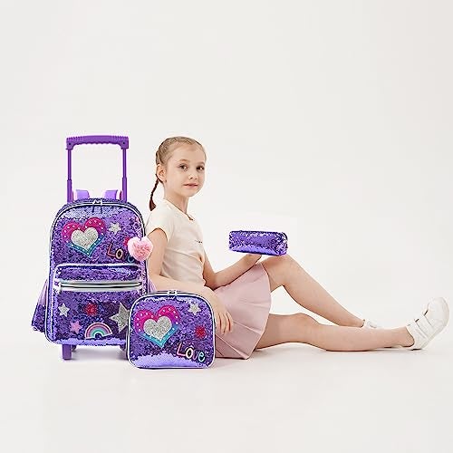 Meetbelify Rolling Backpack for Girls School Backpack with Wheels Kids Sequin Roller Luggage for Elementary Kindergarten Students with Lunch Box Pencil Case for Girls 5-12 Years Old - Image 4