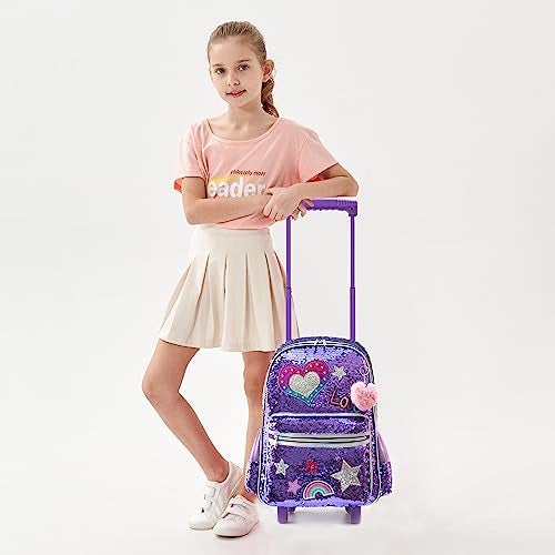 Meetbelify Rolling Backpack for Girls School Backpack with Wheels Kids Sequin Roller Luggage for Elementary Kindergarten Students with Lunch Box Pencil Case for Girls 5-12 Years Old - Image 3