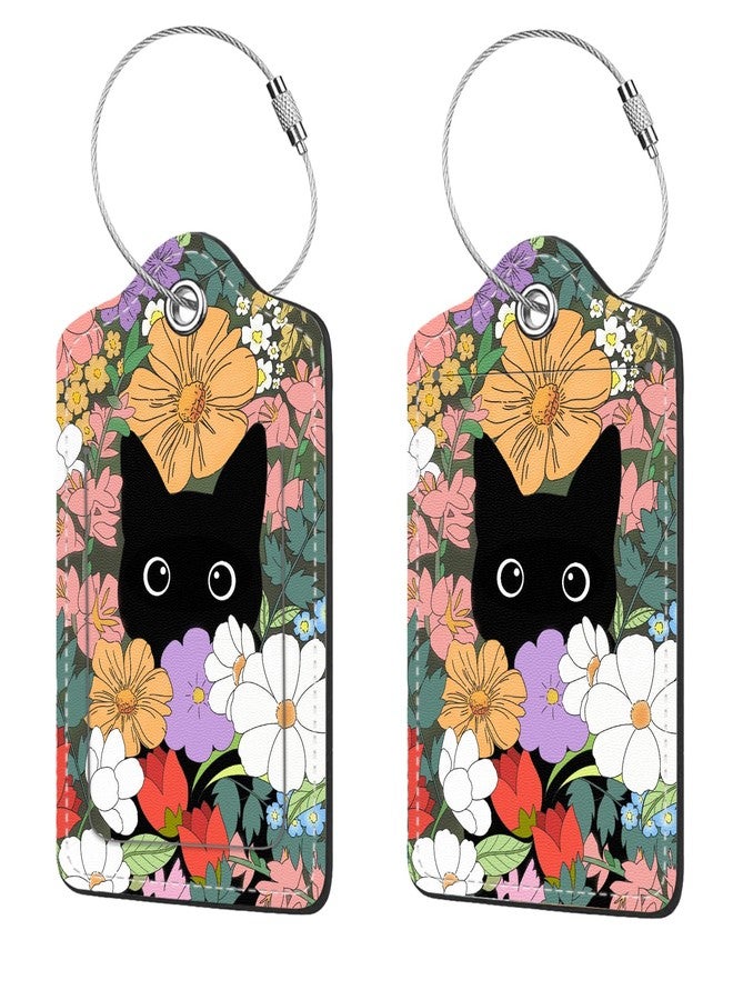 Anikathy 2 Pcs Luggage Tags for Suitcases, PU Leather Cruise Ship Luggage Tags with Privacy Cover Label Address Card and Durable Metal Ring Suitable for Men Women Handbags Backpacks,Flower Bushes and Cats - Image 1