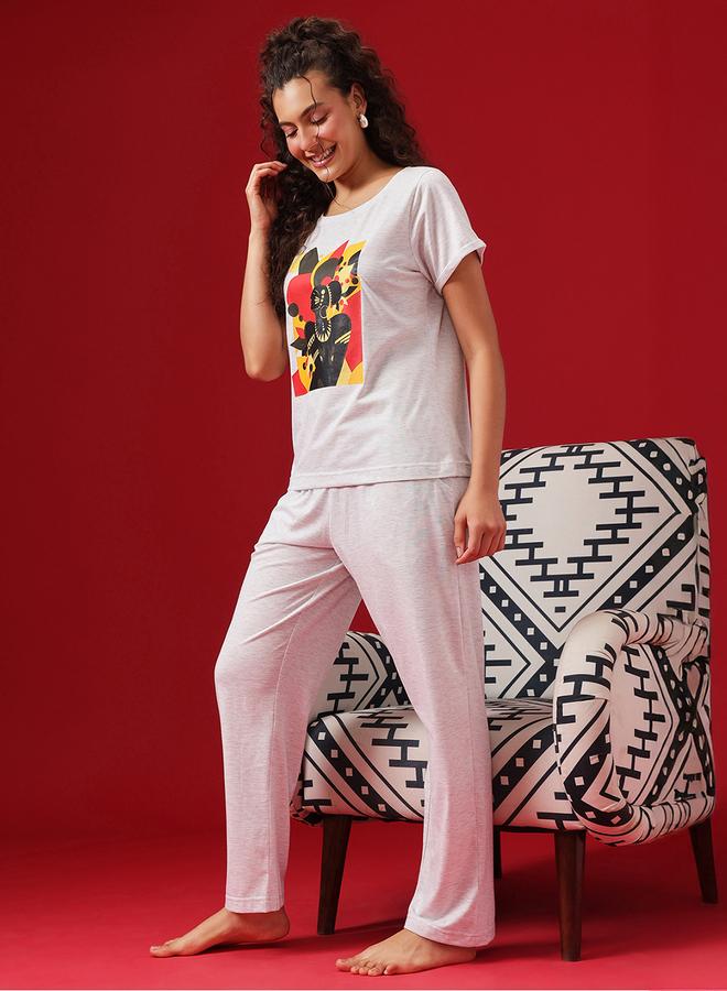 Clovia Grey Graphic Print Cotton T-Shirt and Pyjama Set - Image 3