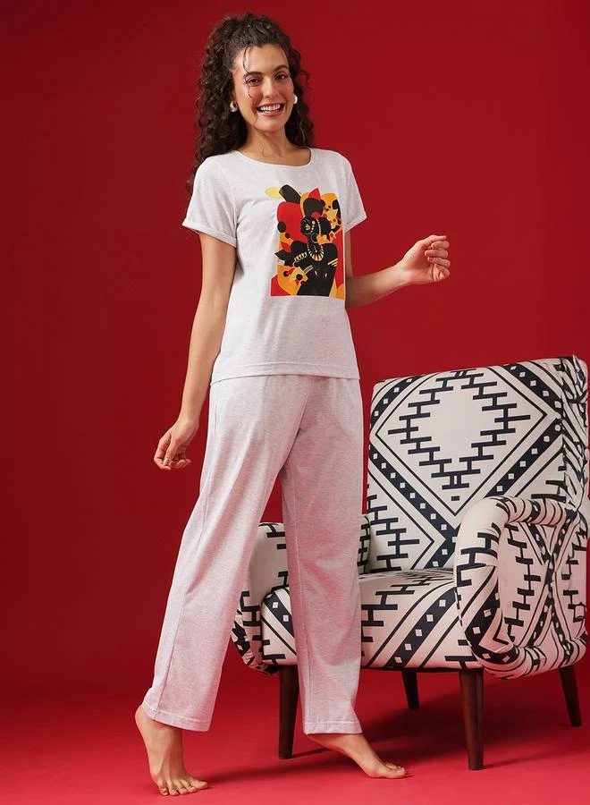 Clovia Grey Graphic Print Cotton T-Shirt and Pyjama Set
