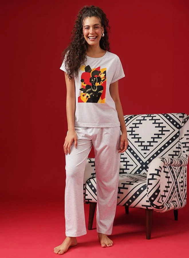 Clovia Grey Graphic Print Cotton T-Shirt and Pyjama Set