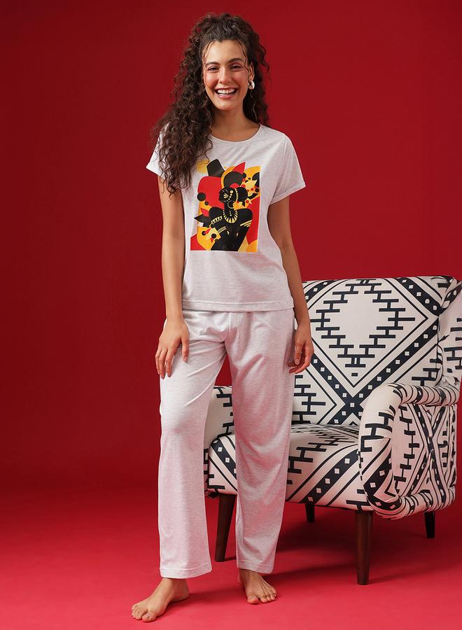 Clovia Grey Graphic Print Cotton T-Shirt and Pyjama Set - Image 1
