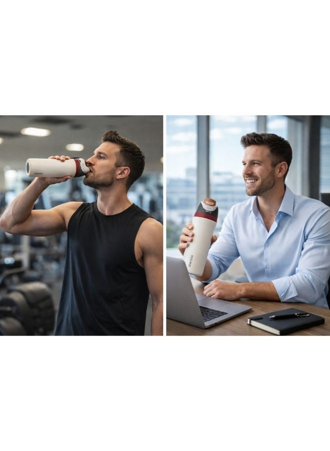 زجاجة مياه أوالا من الفولاذ المقاوم للصدأ، مزودة بماصة بلاستيكية وفولاذية، وغطاء مانع للتسرب بفتحة واسعة، تصميم سهل الفتح بضغطة واحدة، زجاجة رياضية وسفر قابلة لإعادة الاستخدام، سعة 800 مل، لون بيج - Image 2