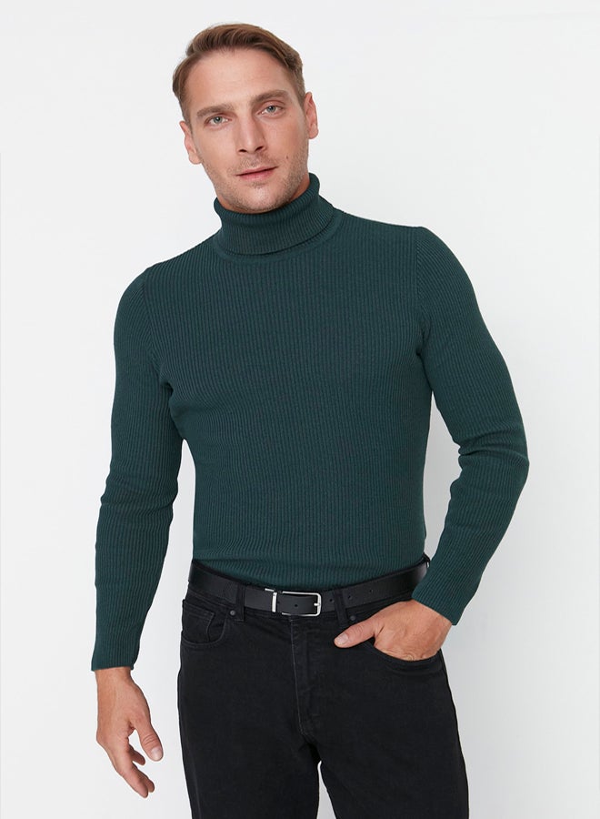trendyol Emerald Green Slim Fit Cotton Turtleneck Ribbed Knit Sweater - Image 1