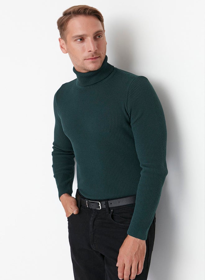 trendyol Emerald Green Slim Fit Cotton Turtleneck Ribbed Knit Sweater - Image 2