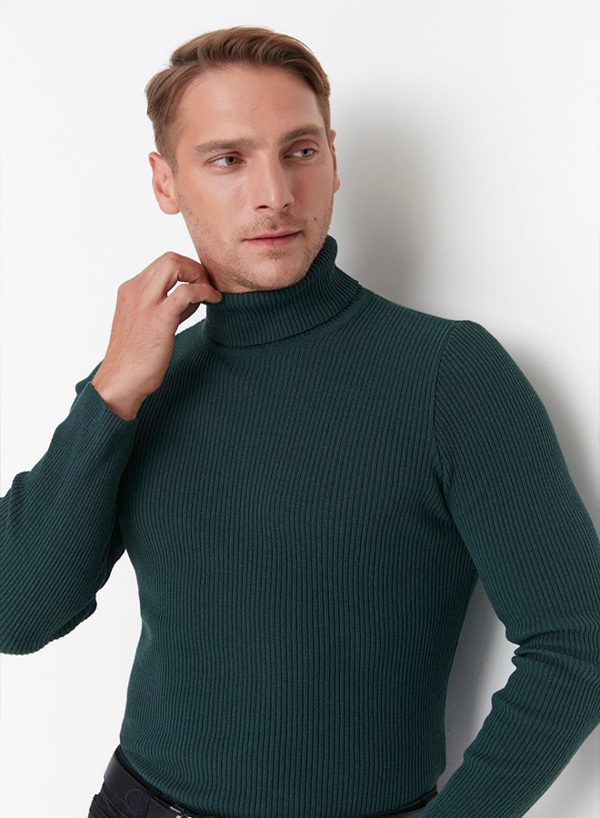trendyol Emerald Green Slim Fit Cotton Turtleneck Ribbed Knit Sweater - Image 3