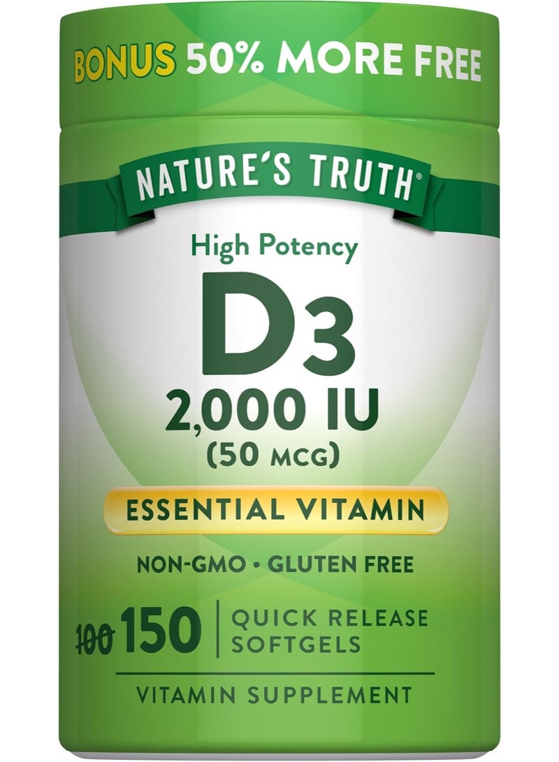 NT Nature's Truth Vitamin D3 2000 IU Softgels – High Potency Immune & Bone Support – 150 Count - Image 1