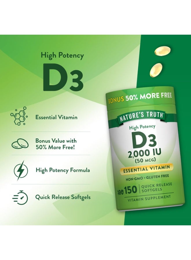 NT Nature's Truth Vitamin D3 2000 IU Softgels – High Potency Immune & Bone Support – 150 Count - Image 2