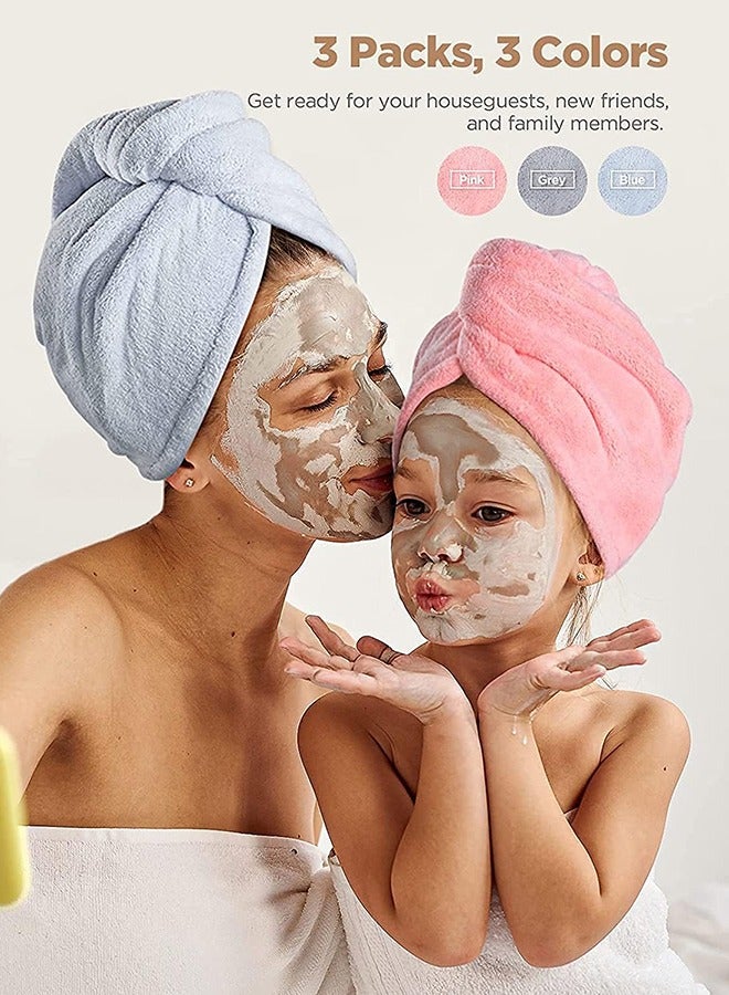 كيلا منشفة شعر من الألياف الدقيقة للنساء، 3 عبوات من منشفة تجفيف الشعر مع زر، مناشف شعر سريعة الجفاف فائقة الامتصاص، عمامة شعر لتجفيف الشعر الطويل الرطب والسميك ومضاد للتجعد (أزرق، رمادي، وردي) - Image 2