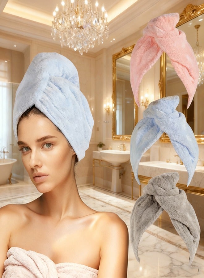 كيلا منشفة شعر من الألياف الدقيقة للنساء، 3 عبوات من منشفة تجفيف الشعر مع زر، مناشف شعر سريعة الجفاف فائقة الامتصاص، عمامة شعر لتجفيف الشعر الطويل الرطب والسميك ومضاد للتجعد (أزرق، رمادي، وردي) - Image 1