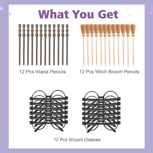 Col-Pary ColPary Party Supplies Kit Black Round Glasses with Round Frame No Lenses Broom Pencil Wand Pencil for School Birthday HalloweenCosplay Party DecorEach of 12 pcs - Image 5