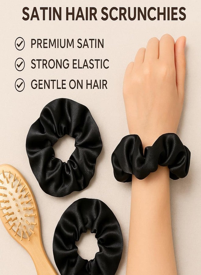 Pack of 3 Satin Scrunchies for Women - No-Damage Hair Accessories, Soft-Premium Elastic Ponytail Holders for Thick, Curly & All Hair - Smooth, Frizz-Reducing Hair Scrunchy, Black - Image 2