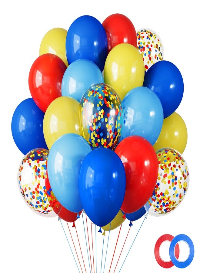 RUBFAC 65pcs Carnival Circus Balloon Kit, 12 Inches Red Yellow and Blue Balloons with Rainbow Confetti Balloons for Birthday Party Carnival Theme Decorations - Image 1