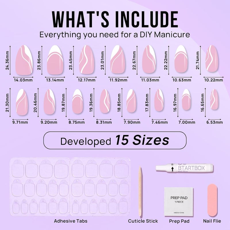 BTArtbox Press On Nails Medium - Soft Gel French Tip Press On Nails, Almond Glue On Nails with Nail Glue, Reusable Stick On Nails in 15 Sizes, White Swirl Trendy natural tone options - Image 4