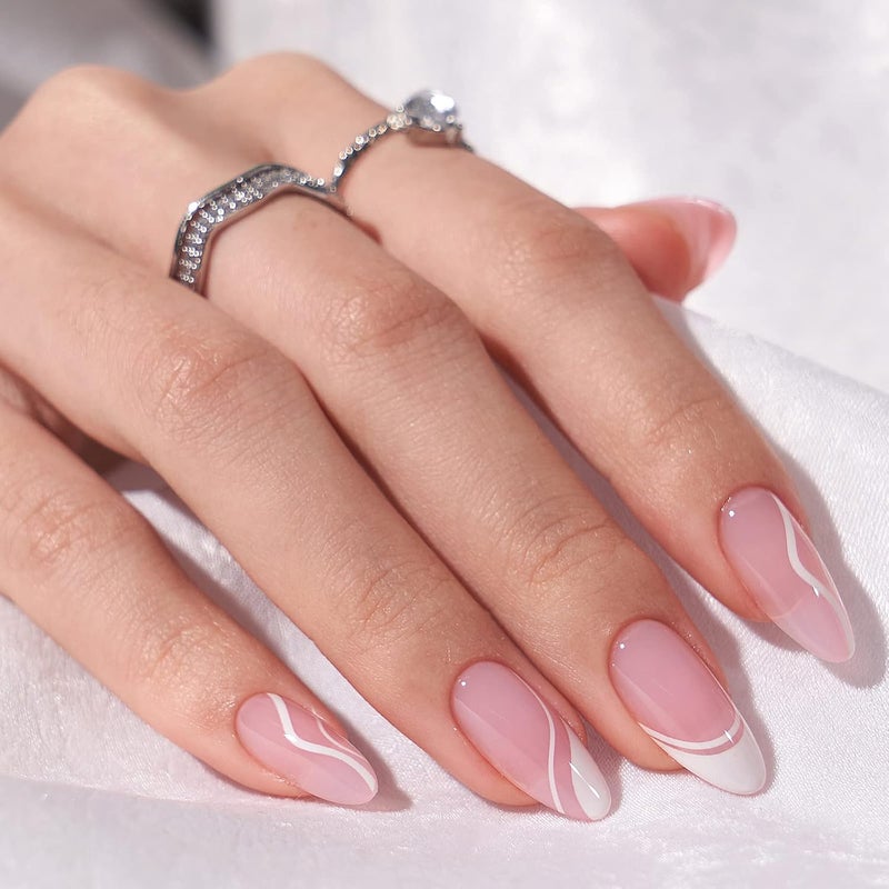 BTArtbox Press On Nails Medium - Soft Gel French Tip Press On Nails, Almond Glue On Nails with Nail Glue, Reusable Stick On Nails in 15 Sizes, White Swirl Trendy natural tone options - Image 1