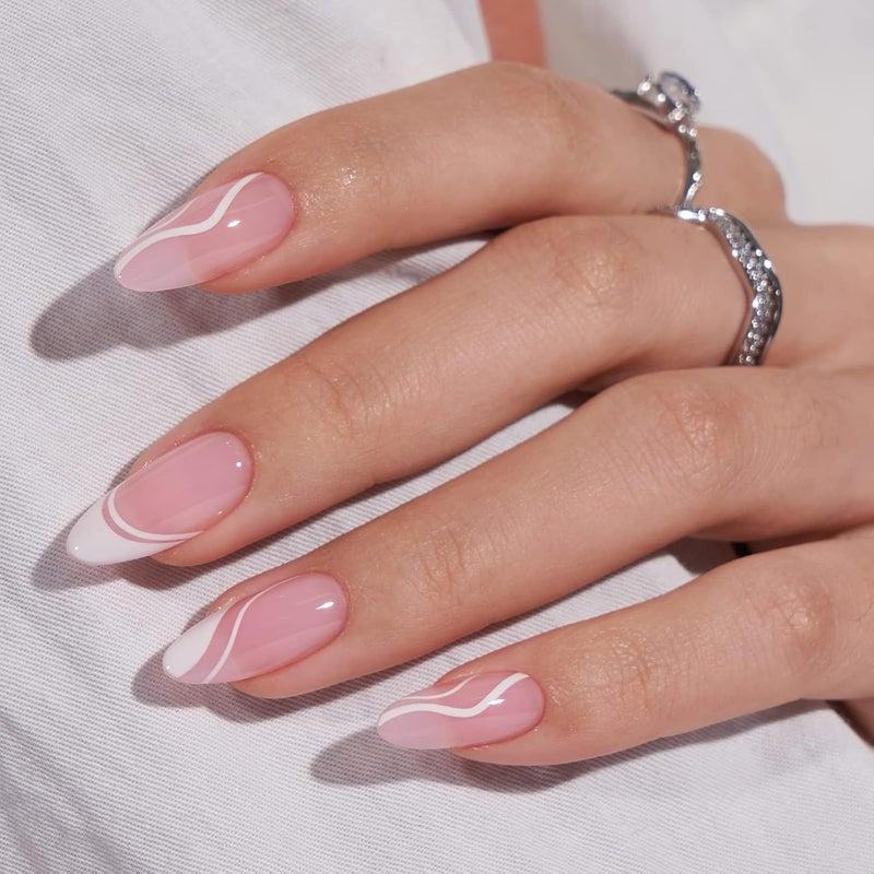 BTArtbox Press On Nails Medium - Soft Gel French Tip Press On Nails, Almond Glue On Nails with Nail Glue, Reusable Stick On Nails in 15 Sizes, White Swirl Trendy natural tone options - Image 2