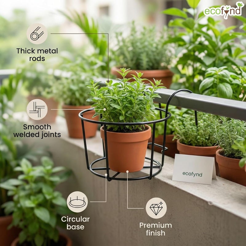 ecofynd مجموعة المكونة من قطعتين من حامل أواني الزهور المعدنية المستديرة المعلقة لدرابزين الشرفات، حامل أواني غاملا لديكورات الشرفة الخارجية، حوامل نباتات للشرفة، حامل أواني زهور داخلي (أسود، PS028) - Image 3