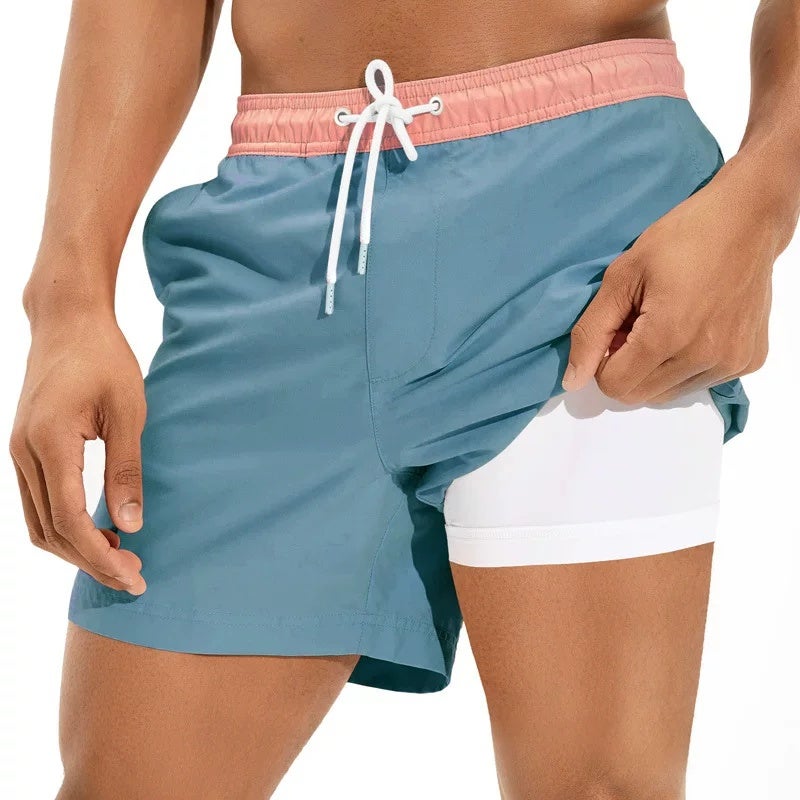 Double-layer waterlogged beach pants men's quick-drying lining anti-embarrassment elastic loose flat-angle hot spring swimming trunks seaside vacation - Image 4