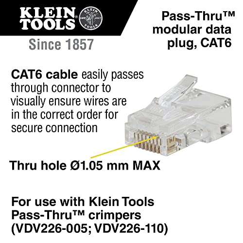 Klein Tools VDV826-703 Pass-Thru Modular Data Plug, RJ45 CAT6, Gold Plated, Pass Through Connectors 50-Pack - Image 2