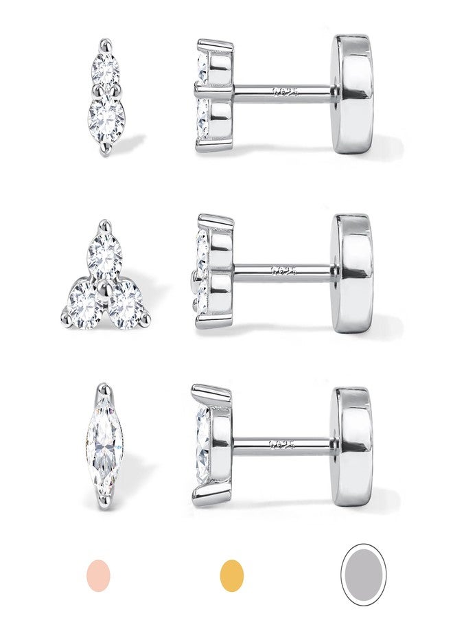 GEMQUEEN 14K Gold Plated Solid 925 Sterling Silver Post Flat Back Earrings Stud | Cartilage Helix Conch Tragus Piercing Jewelry 3 Pairs Tiny Screw Dainty CZ Opal Earring Set Men Women, Style C, Sterling Silver - Image 1