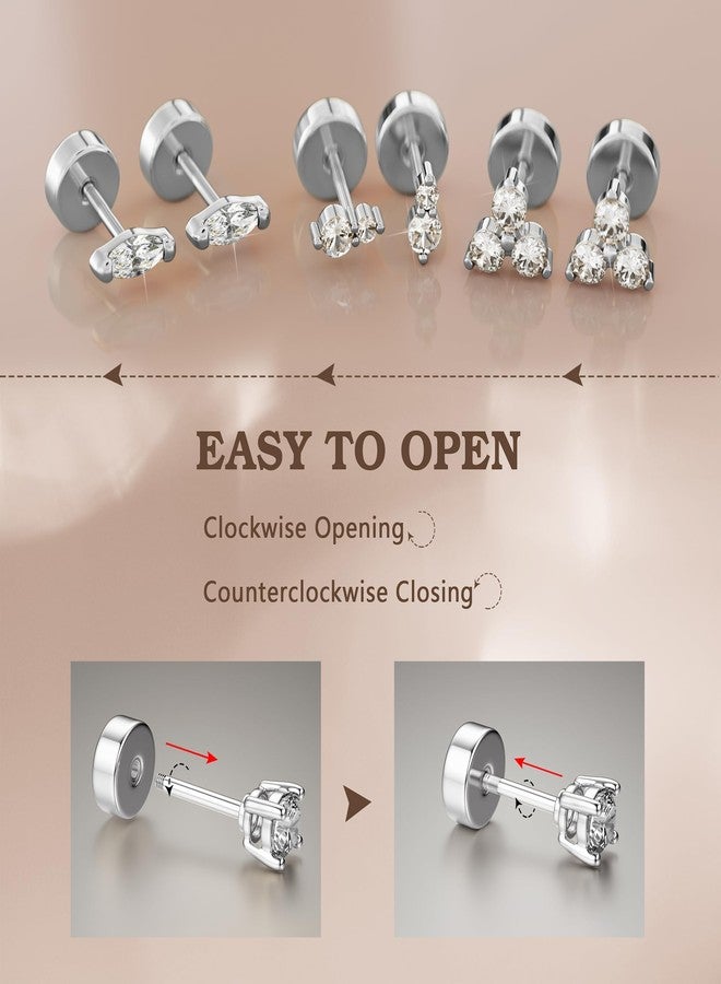 GEMQUEEN 14K Gold Plated Solid 925 Sterling Silver Post Flat Back Earrings Stud | Cartilage Helix Conch Tragus Piercing Jewelry 3 Pairs Tiny Screw Dainty CZ Opal Earring Set Men Women, Style C, Sterling Silver - Image 5