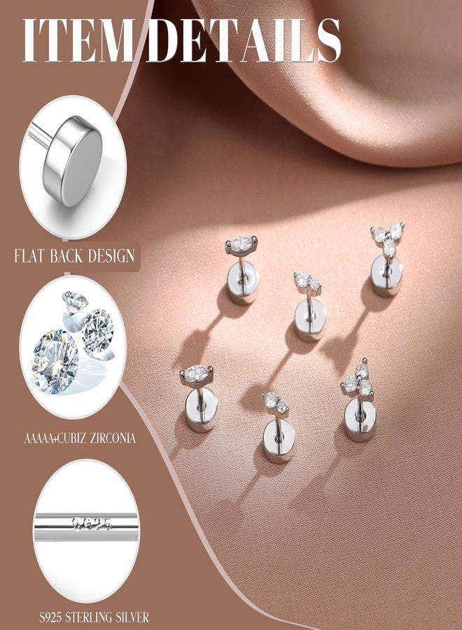 GEMQUEEN 14K Gold Plated Solid 925 Sterling Silver Post Flat Back Earrings Stud | Cartilage Helix Conch Tragus Piercing Jewelry 3 Pairs Tiny Screw Dainty CZ Opal Earring Set Men Women, Style C, Sterling Silver - Image 2