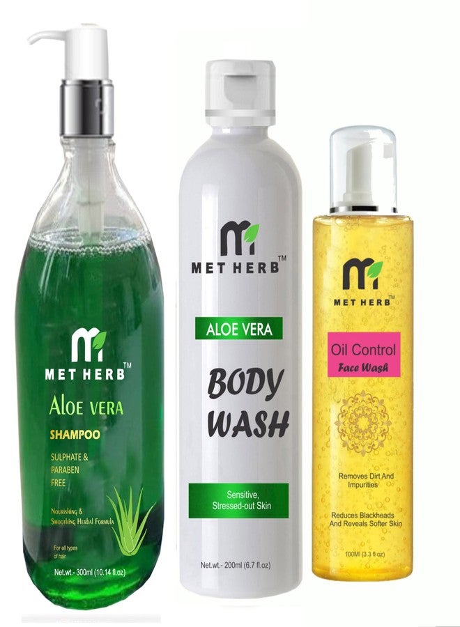 Metherb Aloe Vera Shampoo 300ml & Aloe Vera Body Wash -200ml & Oil control Face Wash -100ml (combo pack) - Image 1