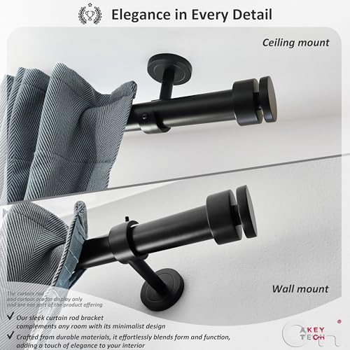 A Key Tech Curtain Rod Holders for Wall, 2 Pack Ceiling Mount Bracket Set, Hardware Bracket Kit for 1 Inch Rods, Wall and Ceiling Installation, Black Finish - Image 3