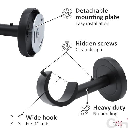 A Key Tech Curtain Rod Holders for Wall, 2 Pack Ceiling Mount Bracket Set, Hardware Bracket Kit for 1 Inch Rods, Wall and Ceiling Installation, Black Finish - Image 4