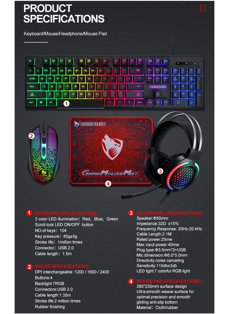 T-WOLF - TF400 Wired Rainbow RGB Backlit Gaming Keyboard Mice Set with RGB Lighting Headset and Anti-Slip Mousepad - Image 1