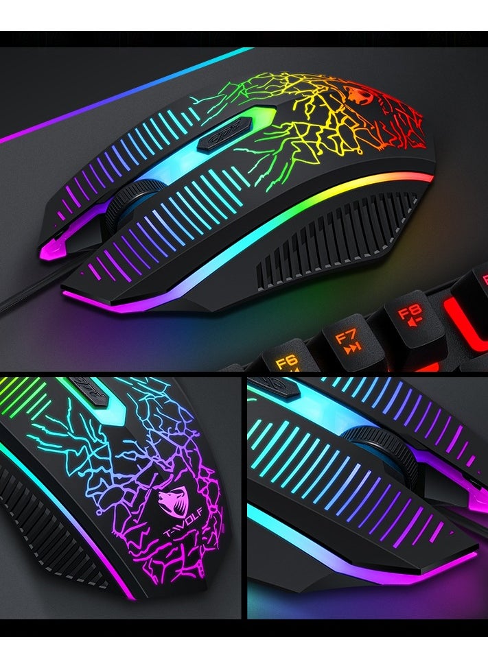 T-WOLF - TF400 Wired Rainbow RGB Backlit Gaming Keyboard Mice Set with RGB Lighting Headset and Anti-Slip Mousepad - Image 1