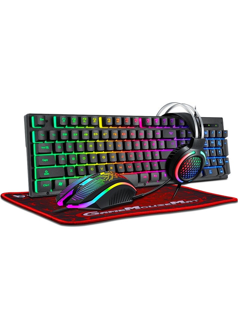 T-WOLF - TF400 Wired Rainbow RGB Backlit Gaming Keyboard Mice Set with RGB Lighting Headset and Anti-Slip Mousepad - Image 1