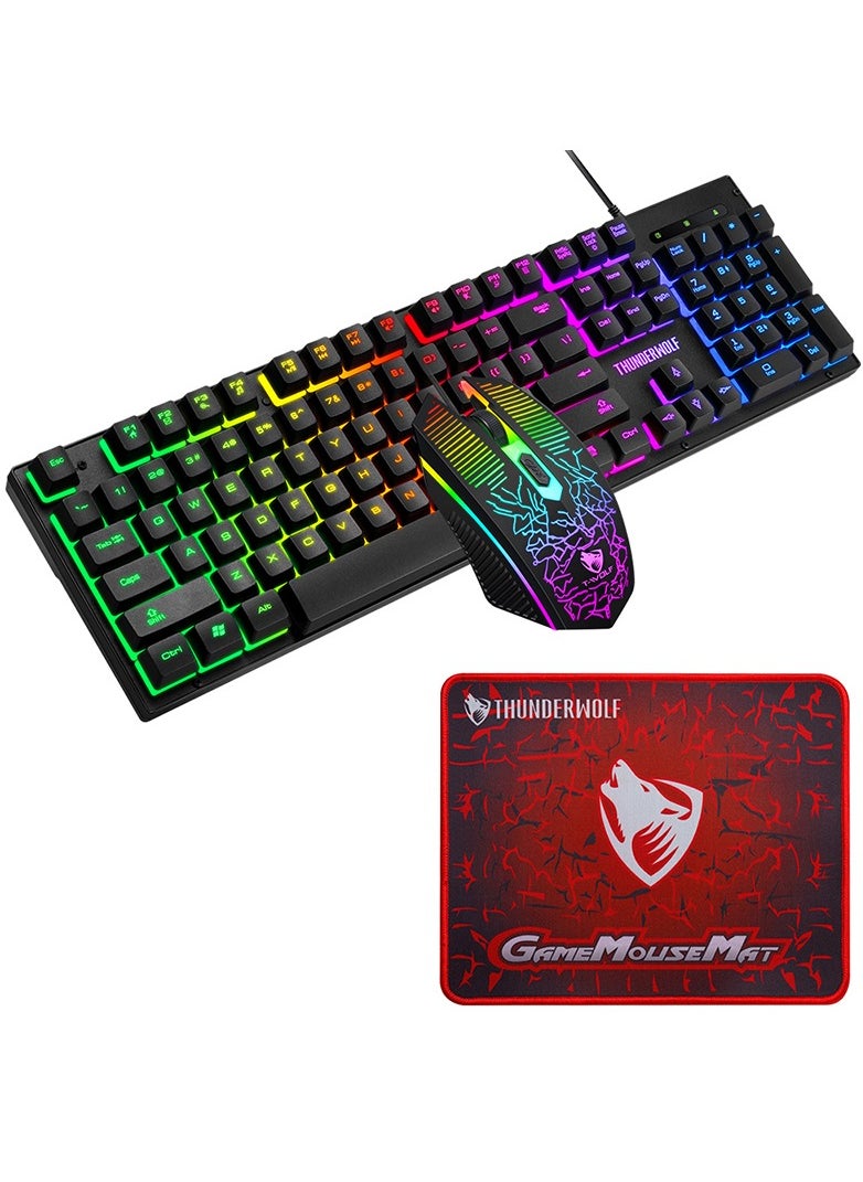 T-WOLF - TF400 Wired Rainbow RGB Backlit Gaming Keyboard Mice Set with RGB Lighting Headset and Anti-Slip Mousepad - Image 1