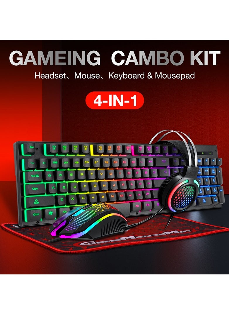 T-WOLF - TF400 Wired Rainbow RGB Backlit Gaming Keyboard Mice Set with RGB Lighting Headset and Anti-Slip Mousepad - Image 1