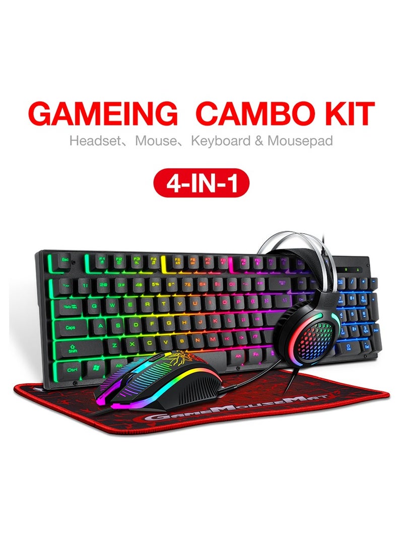 T-WOLF - TF400 Wired Rainbow RGB Backlit Gaming Keyboard Mice Set with RGB Lighting Headset and Anti-Slip Mousepad - Image 1