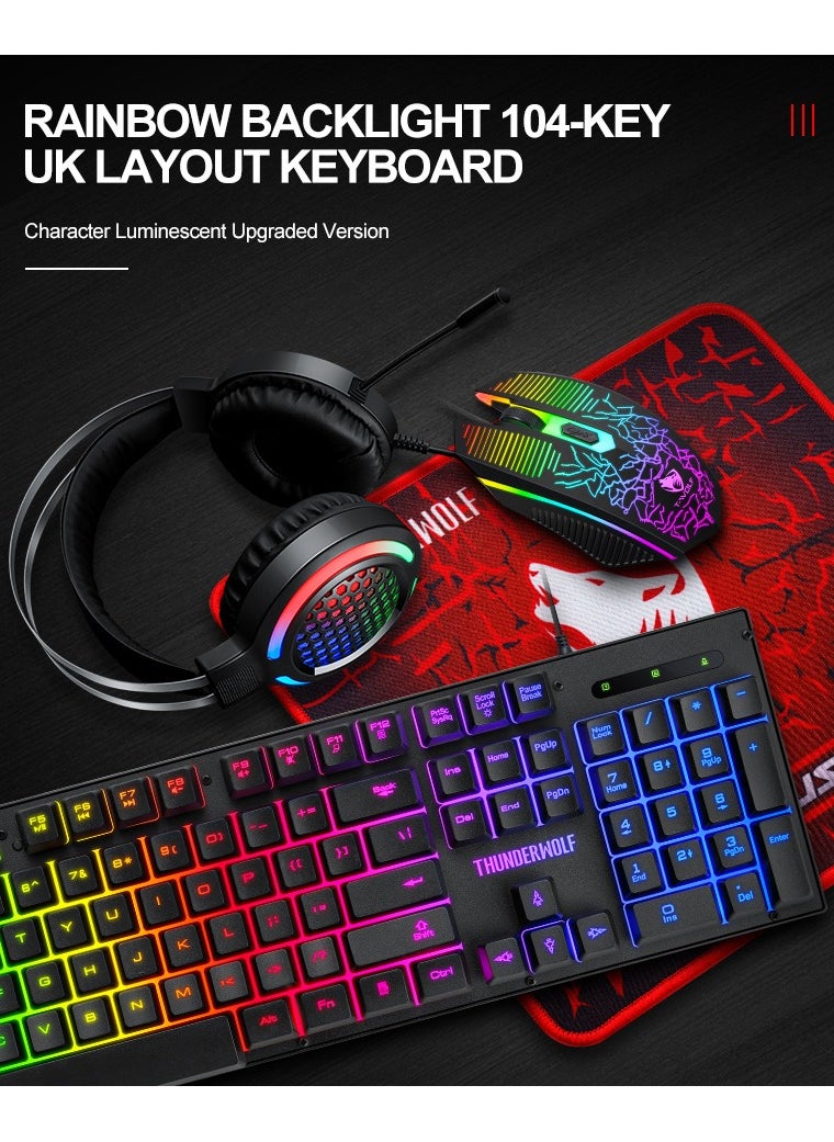 T-WOLF - TF400 Wired Rainbow RGB Backlit Gaming Keyboard Mice Set with RGB Lighting Headset and Anti-Slip Mousepad - Image 1