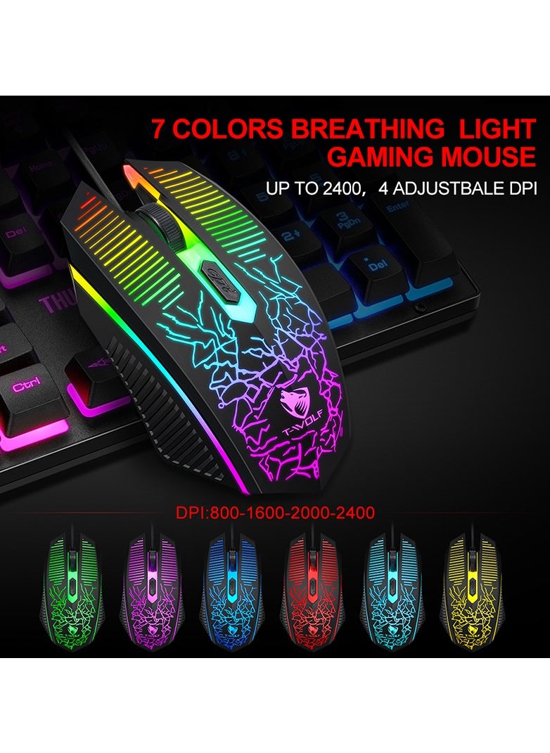 T-WOLF - TF400 Wired Rainbow RGB Backlit Gaming Keyboard Mice Set with RGB Lighting Headset and Anti-Slip Mousepad - Image 1