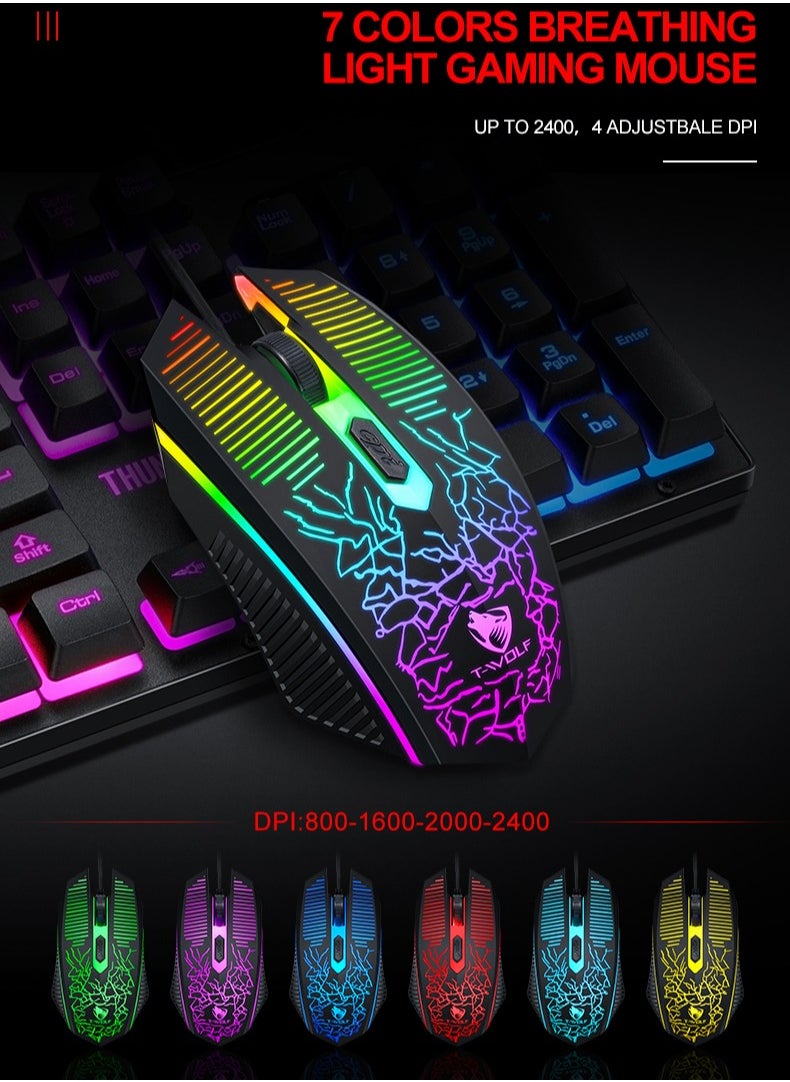 T-WOLF - TF400 Wired Rainbow RGB Backlit Gaming Keyboard Mice Set with RGB Lighting Headset and Anti-Slip Mousepad - Image 1