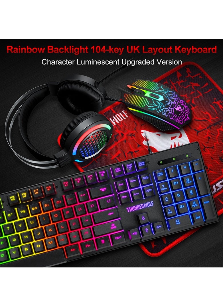 T-WOLF - TF400 Wired Rainbow RGB Backlit Gaming Keyboard Mice Set with RGB Lighting Headset and Anti-Slip Mousepad - Image 1