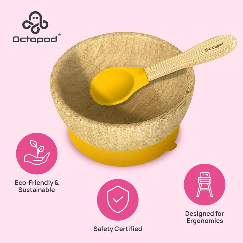 Abiie Octopod Bamboo Dish  Fun Kids Bowls for 4 months and up Suction Bowl HighChair Baby Bowls MessFree Toddler Ergonomic Feeding Supplies 57x3x57 in Yellow - Image 4