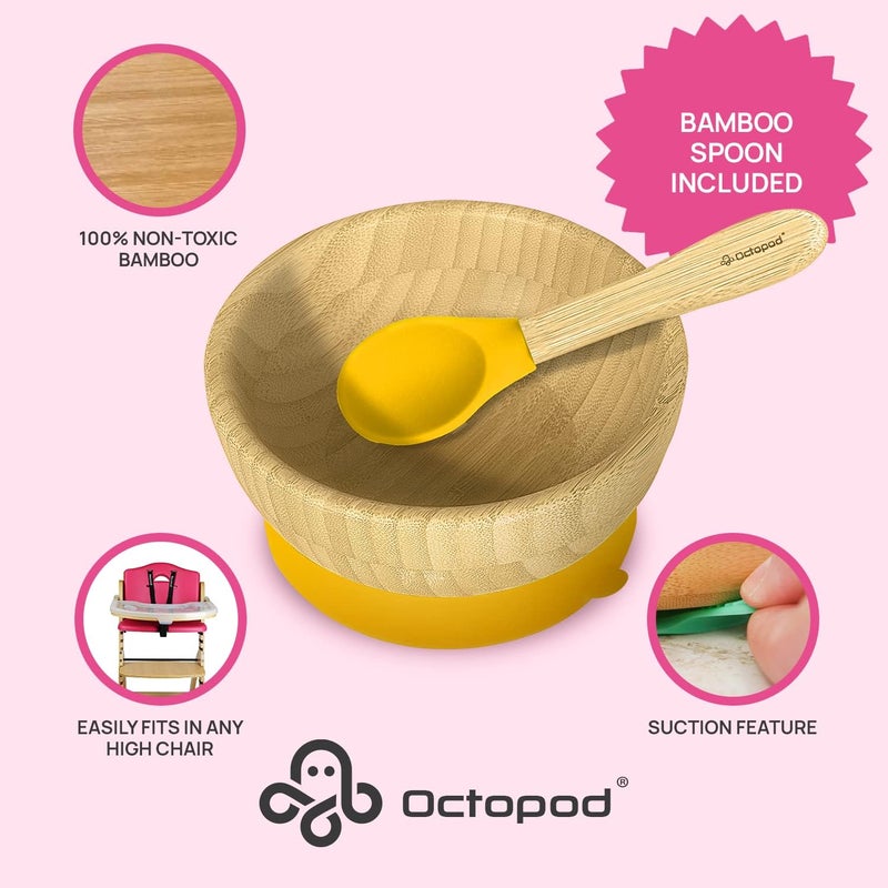 Abiie Octopod Bamboo Dish  Fun Kids Bowls for 4 months and up Suction Bowl HighChair Baby Bowls MessFree Toddler Ergonomic Feeding Supplies 57x3x57 in Yellow - Image 3