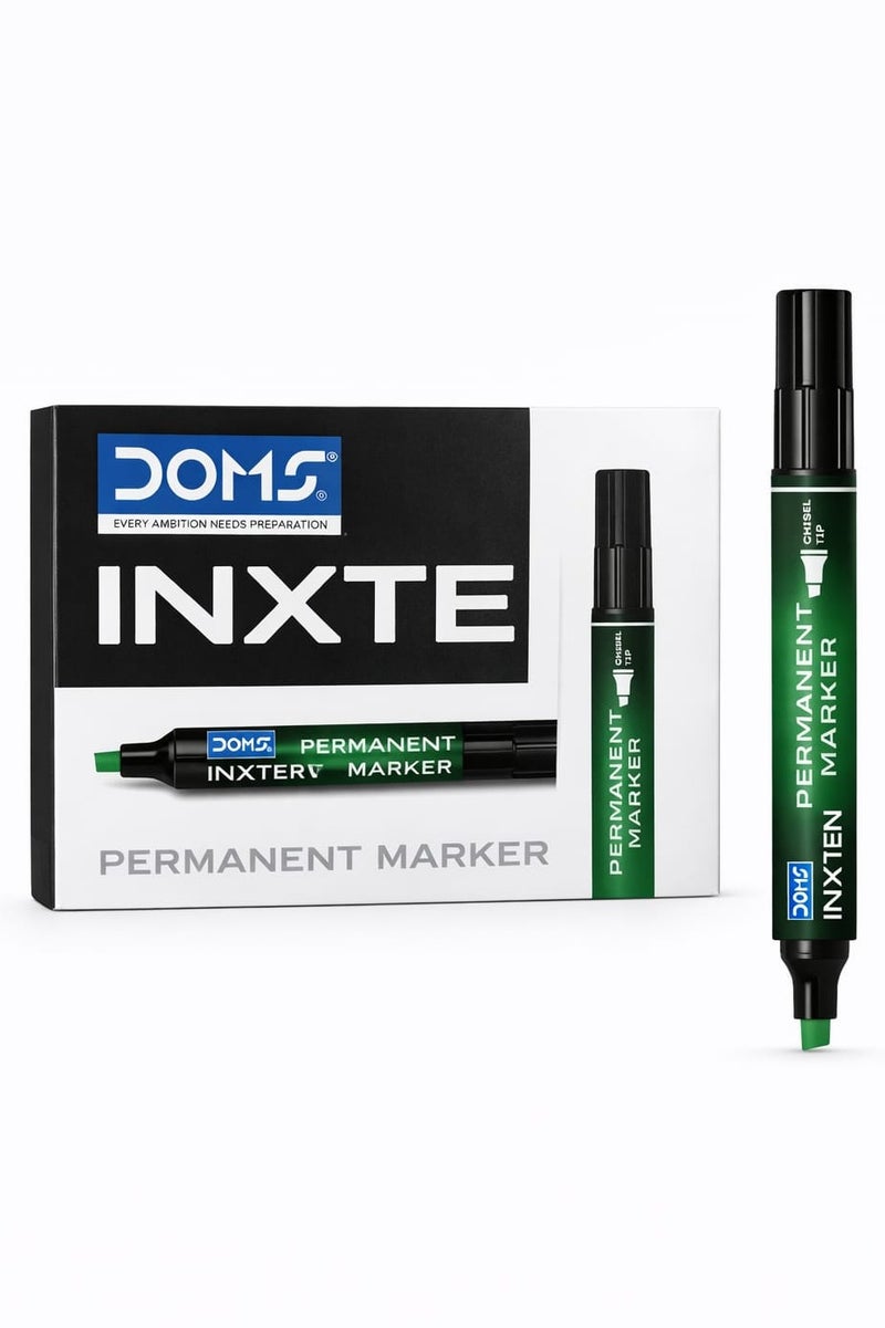 DOMS INXTEN Permanent Marker Pen Green – Chisel Tip | Pack of 12 | Multi-Surface UV Resistant Ink - Image 1