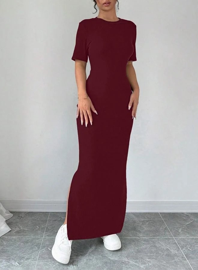 Take Two Burgundy Short Sleeve Bodycon Maxi Dress